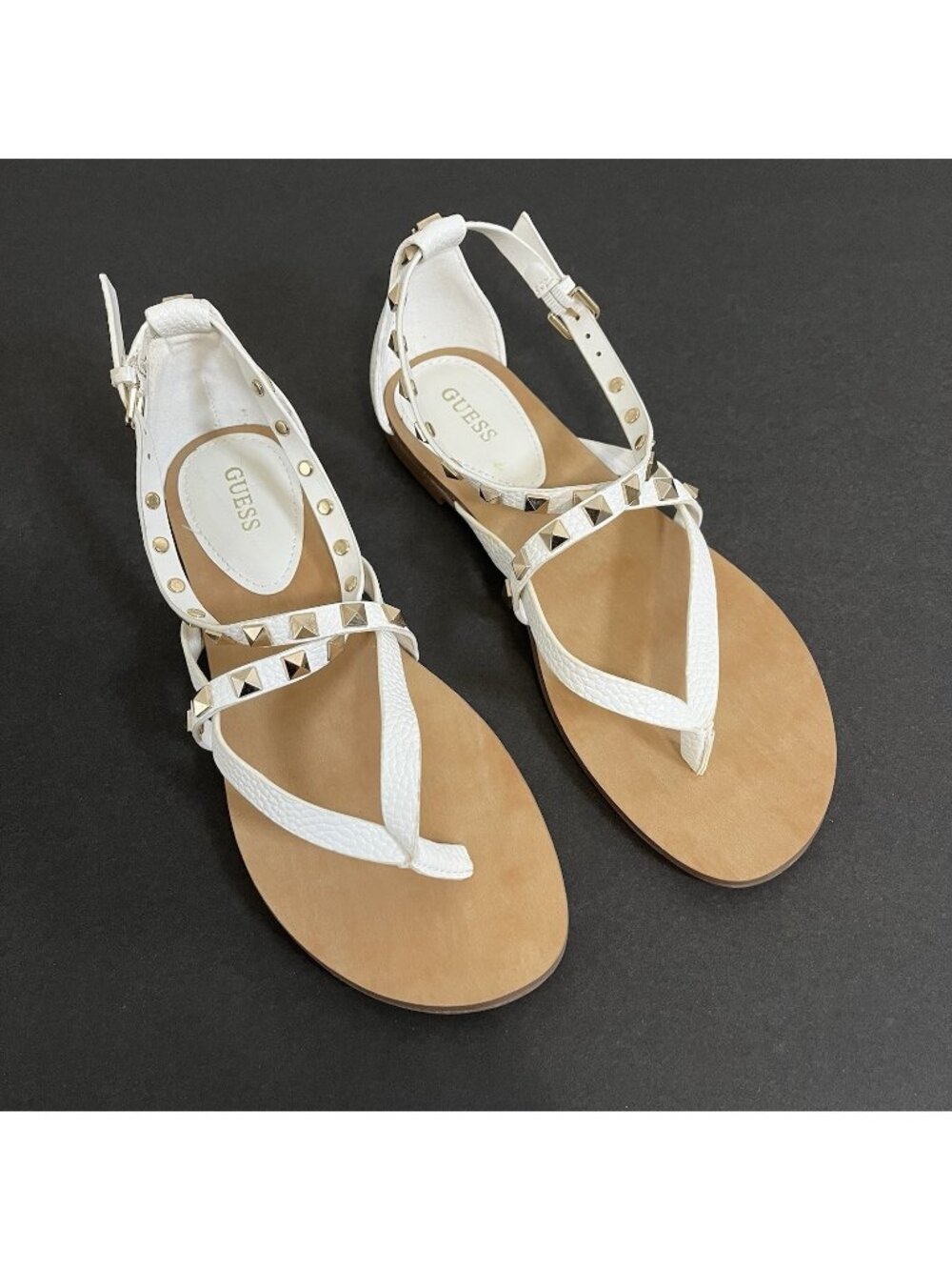 Guess White Nizana Rivited Strappy Adjustable Thong Flat Sandals